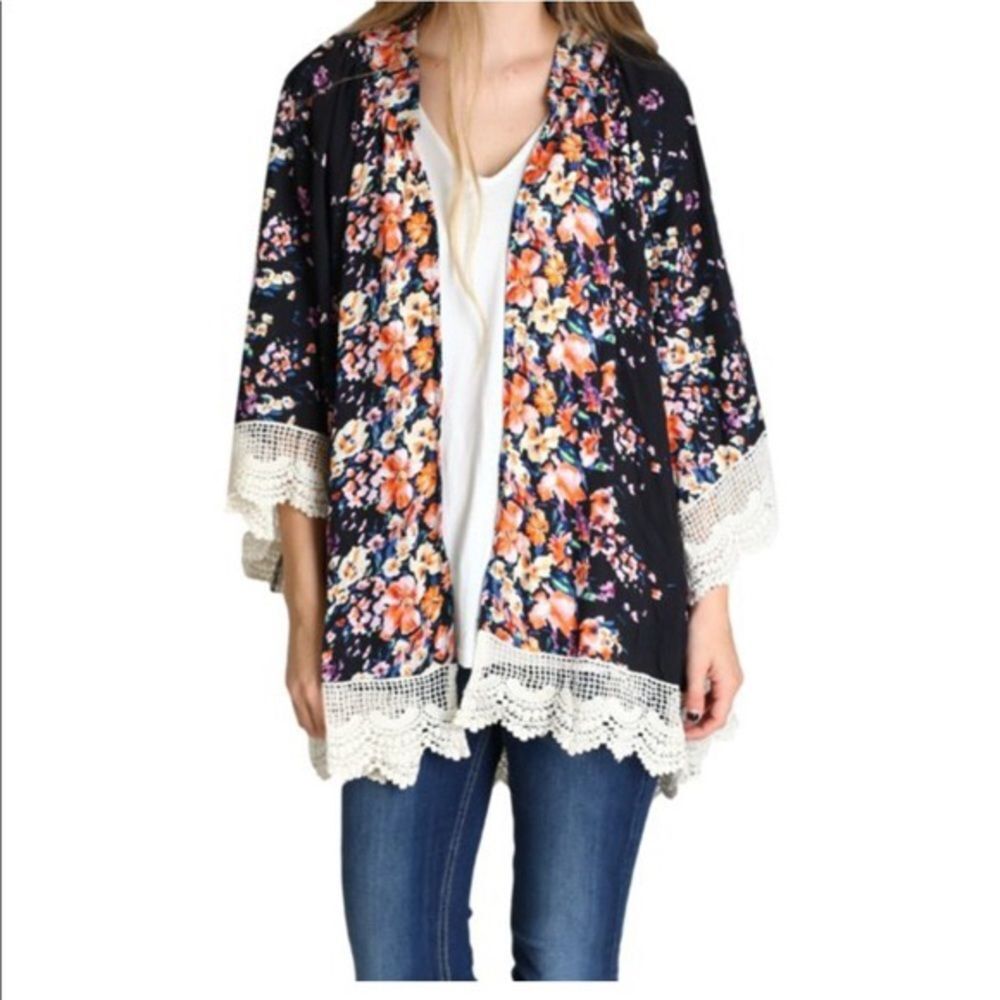 Umgee Boho Floral Kimono Open Front Crochet Knit Cotton Festival Sz S/M